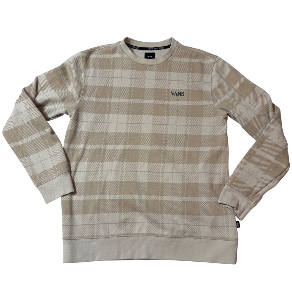 Vans Mens Plaid Crewneck Sweatshirt Tan Cream Checkered Logo VN0009T42N1 Medium